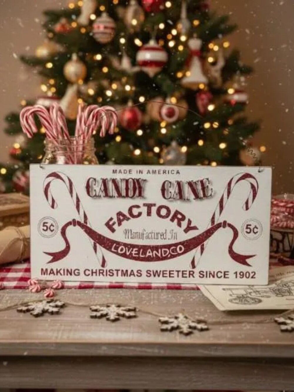 Vintage Candy Cane Factory Sign Retro Christmas Kitchen Decor Rustic Wood Art